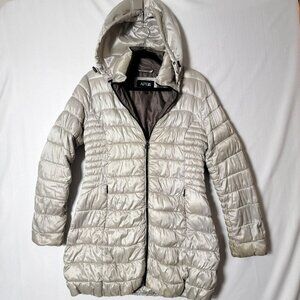Apt 9 Puffer Coat Womens Size M Hooded Long Sleeve Full Zip Silver Pearl